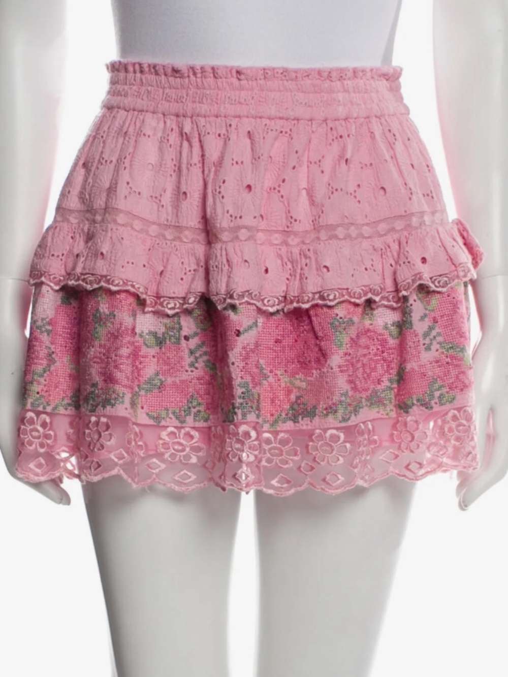 Pink embroidered Loveshackfancy mini skirt
